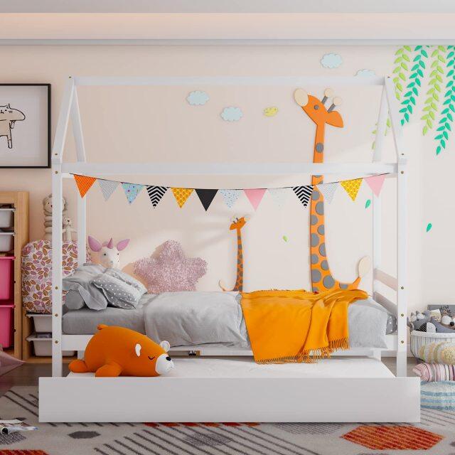 House Bed with Trundle, Solid Wood Twin Size Daybed for Girls & Boys, Kids Platform Bed Frame with Roof for Bedroom, No Box Spring Needed