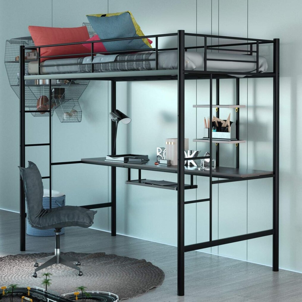 Metal Loft Bed Frame, Twin Size Bunk Bed with Bilateral Ladders, Guardrails, Desk and Bookcase