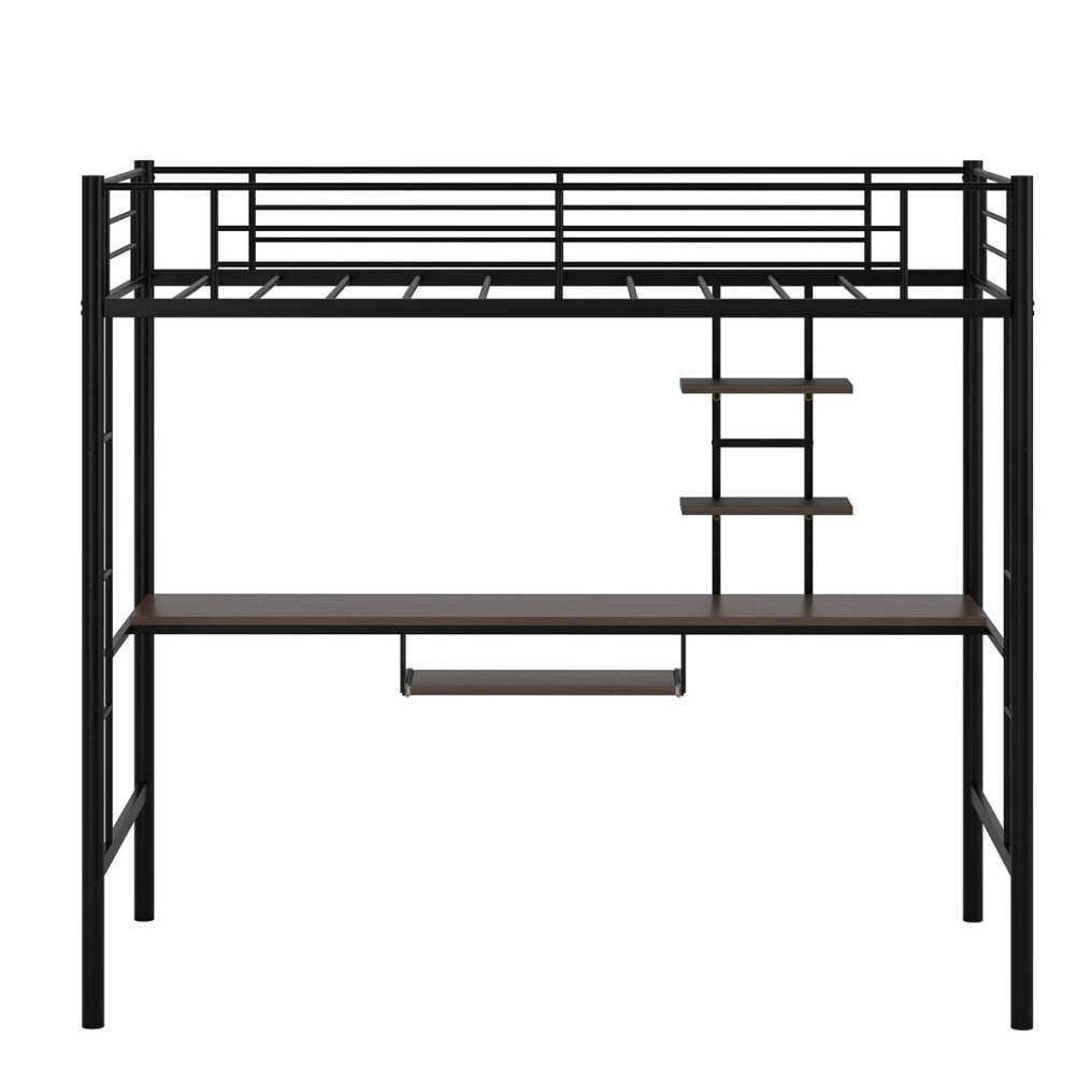 Metal Loft Bed Frame, Twin Size Bunk Bed with Bilateral Ladders, Guardrails, Desk and Bookcase
