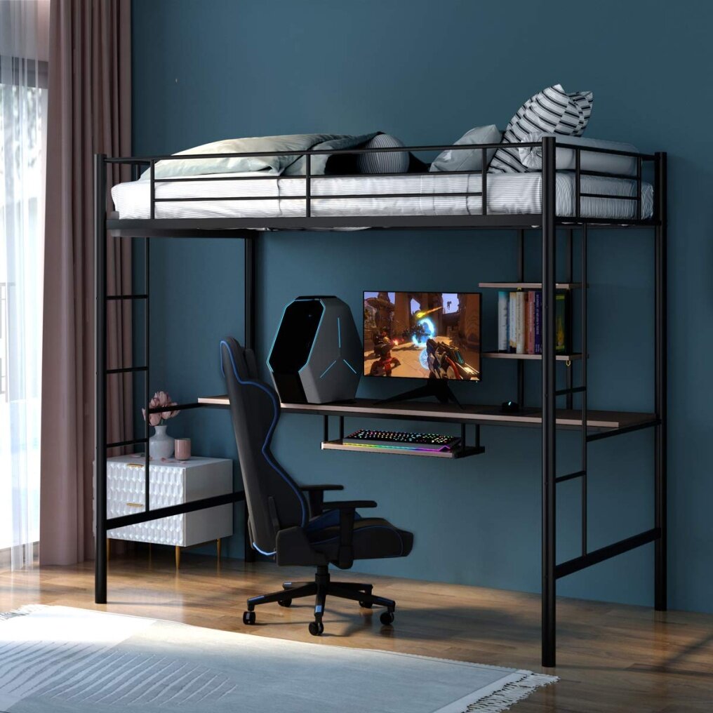 Metal Loft Bed Frame, Twin Size Bunk Bed with Bilateral Ladders, Guardrails, Desk and Bookcase