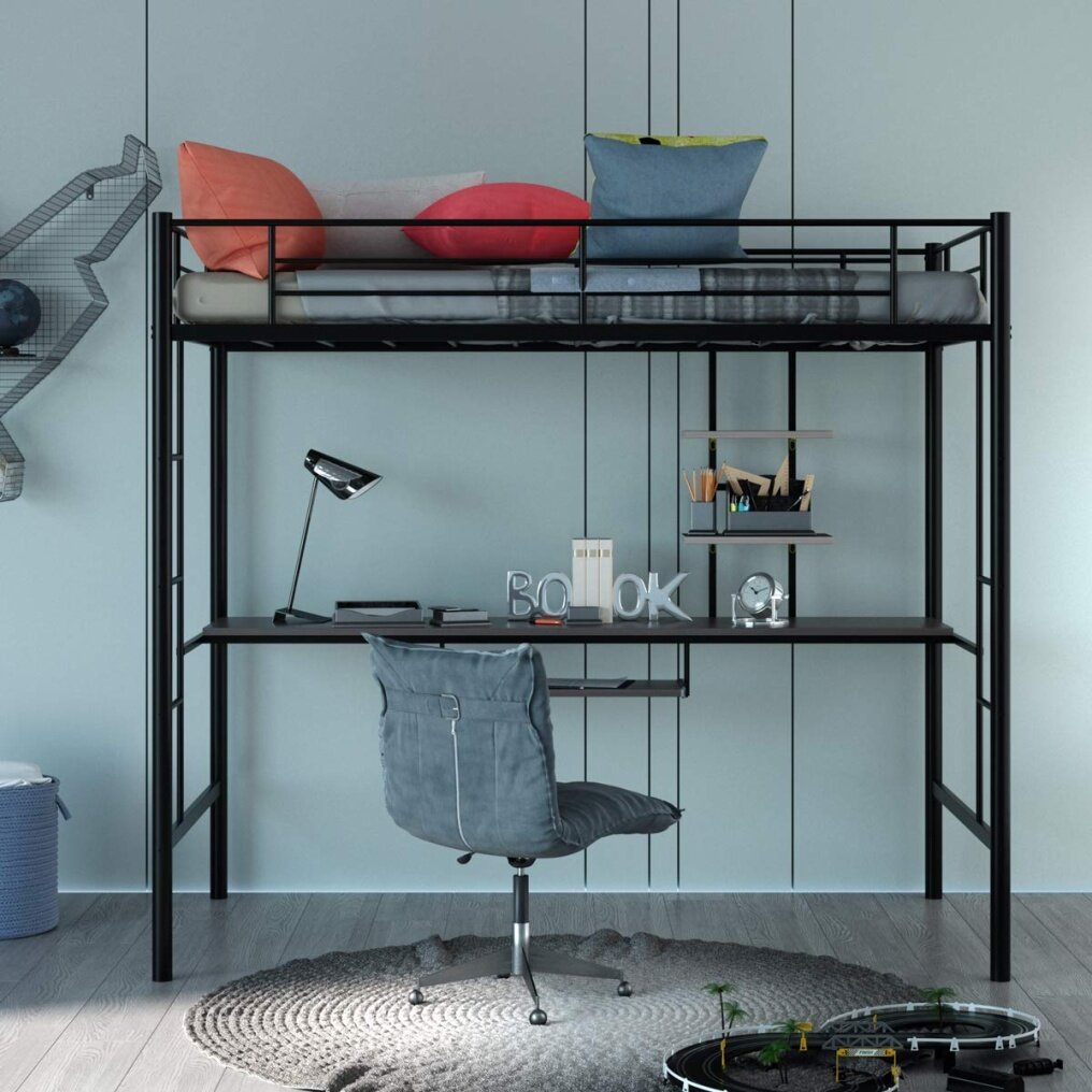 Metal Loft Bed Frame, Twin Size Bunk Bed with Bilateral Ladders, Guardrails, Desk and Bookcase