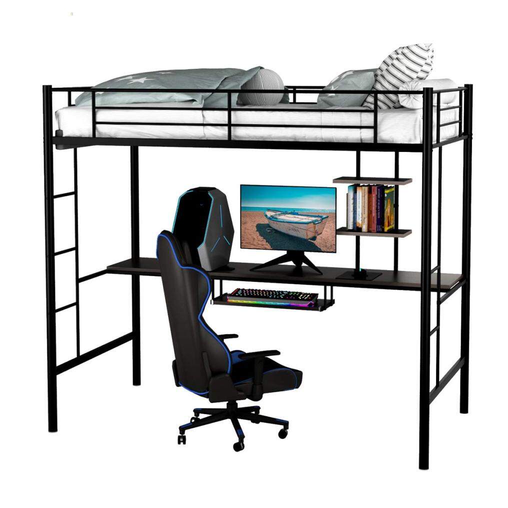 Metal Loft Bed Frame, Twin Size Bunk Bed with Bilateral Ladders, Guardrails, Desk and Bookcase