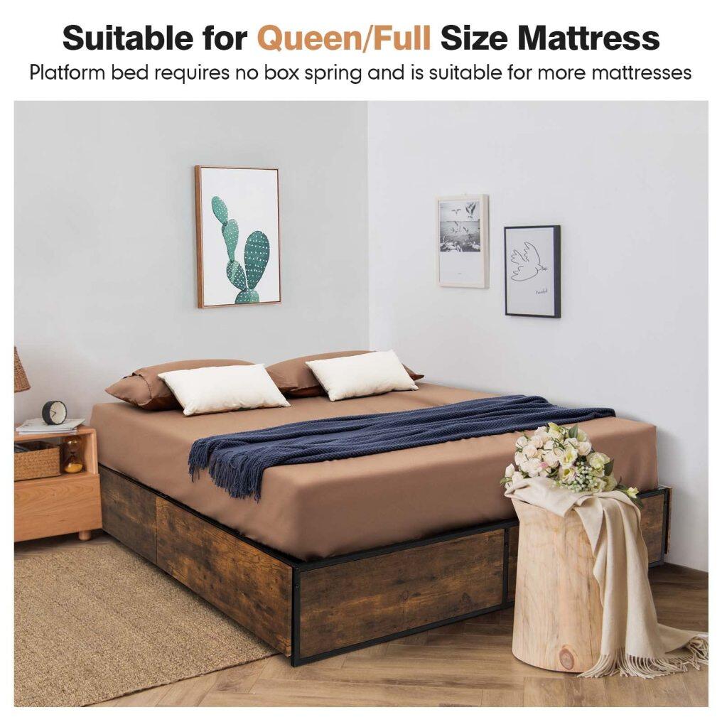 KOMFOTT Platform Bed Frame with 4 Rolling Storage Drawers, Industrial Metal Bed Frame with Reserved Holes for Headboard
