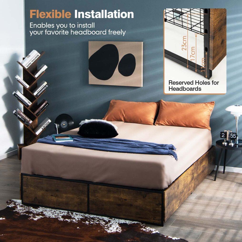 KOMFOTT Platform Bed Frame with 4 Rolling Storage Drawers, Industrial Metal Bed Frame with Reserved Holes for Headboard