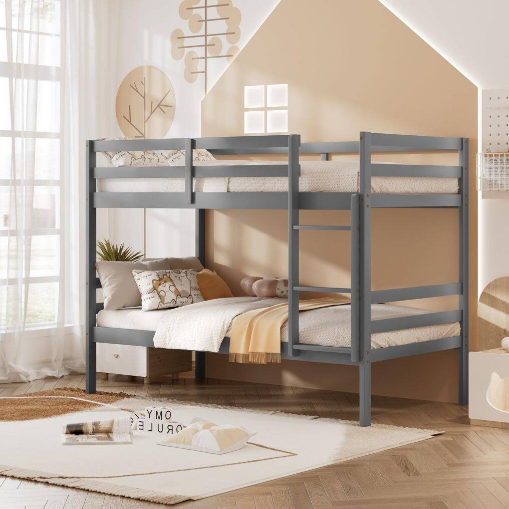KOMFOTT Wooden Bunk Bed Twin Over Twin, Bunk Bed with Ladder & Safety Guardrail, Solid Wood Bed Frame