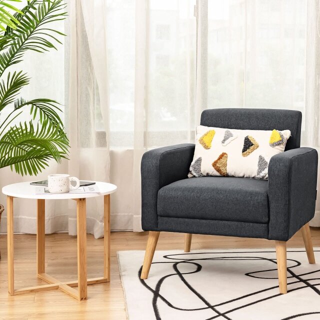 Comfy Upholstered Linen Fabric Armchair w/Stable Rubber Wood Legs
