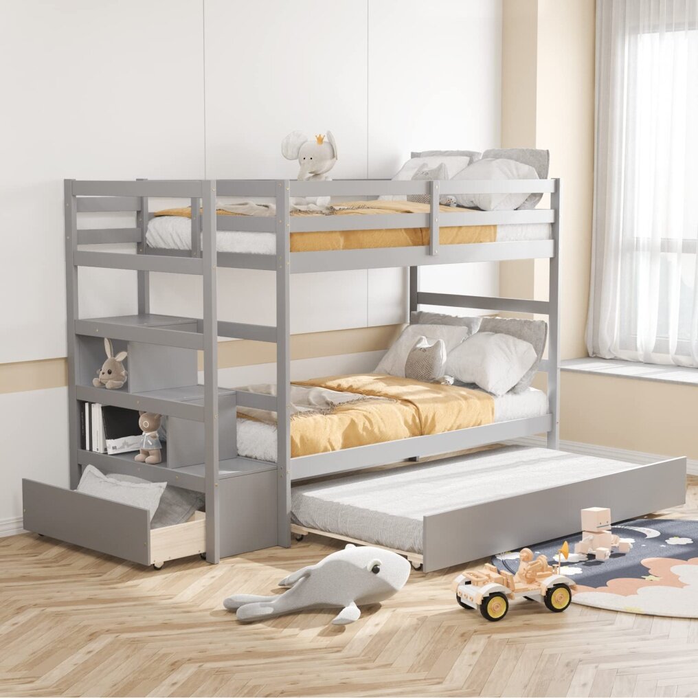 KOMFOTT Twin Over Twin Bunk Bed with Trundle & Staircase, Wooden Bunk Bed Frame with Storage Shelves & Drawer