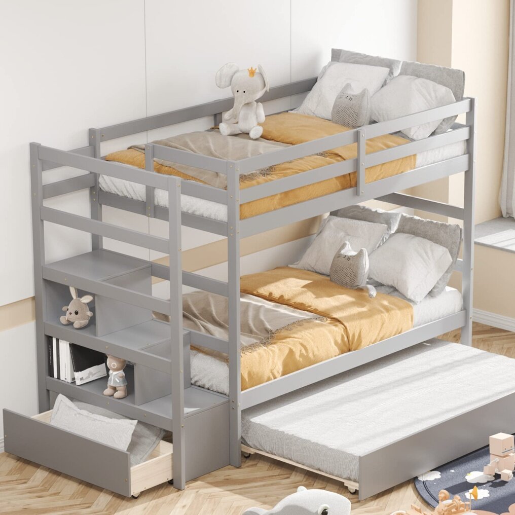 KOMFOTT Twin Over Twin Bunk Bed with Trundle & Staircase, Wooden Bunk Bed Frame with Storage Shelves & Drawer