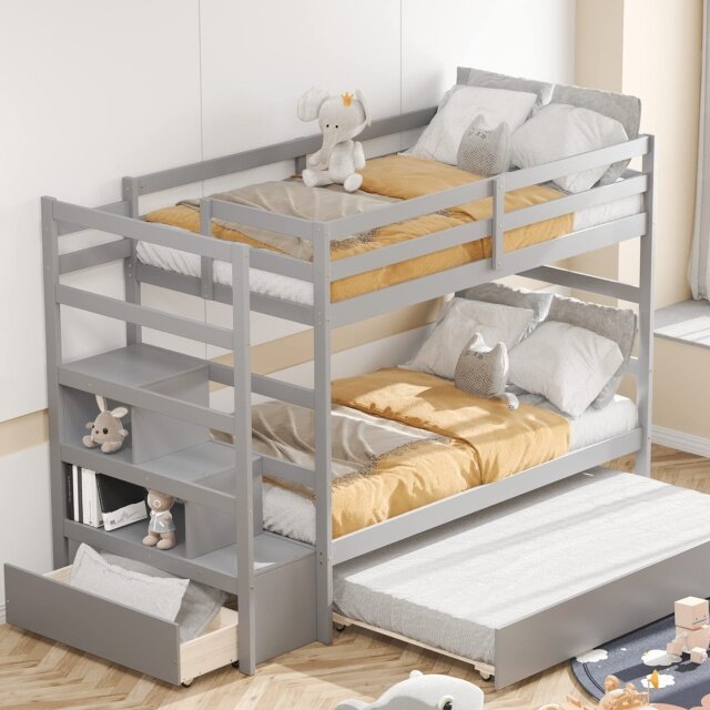 KOMFOTT Twin Over Twin Bunk Bed with Trundle & Staircase, Wooden Bunk Bed Frame with Storage Shelves & Drawer