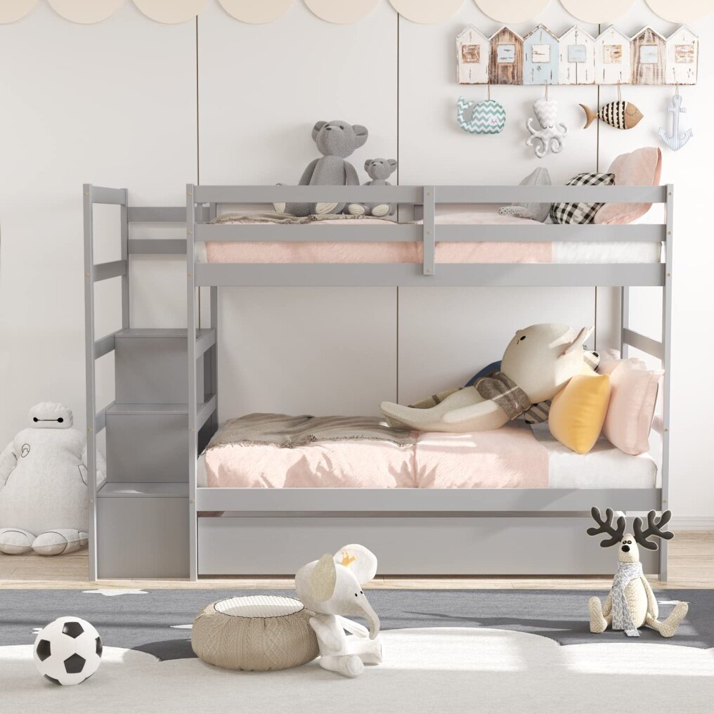 KOMFOTT Twin Over Twin Bunk Bed with Trundle & Staircase, Wooden Bunk Bed Frame with Storage Shelves & Drawer