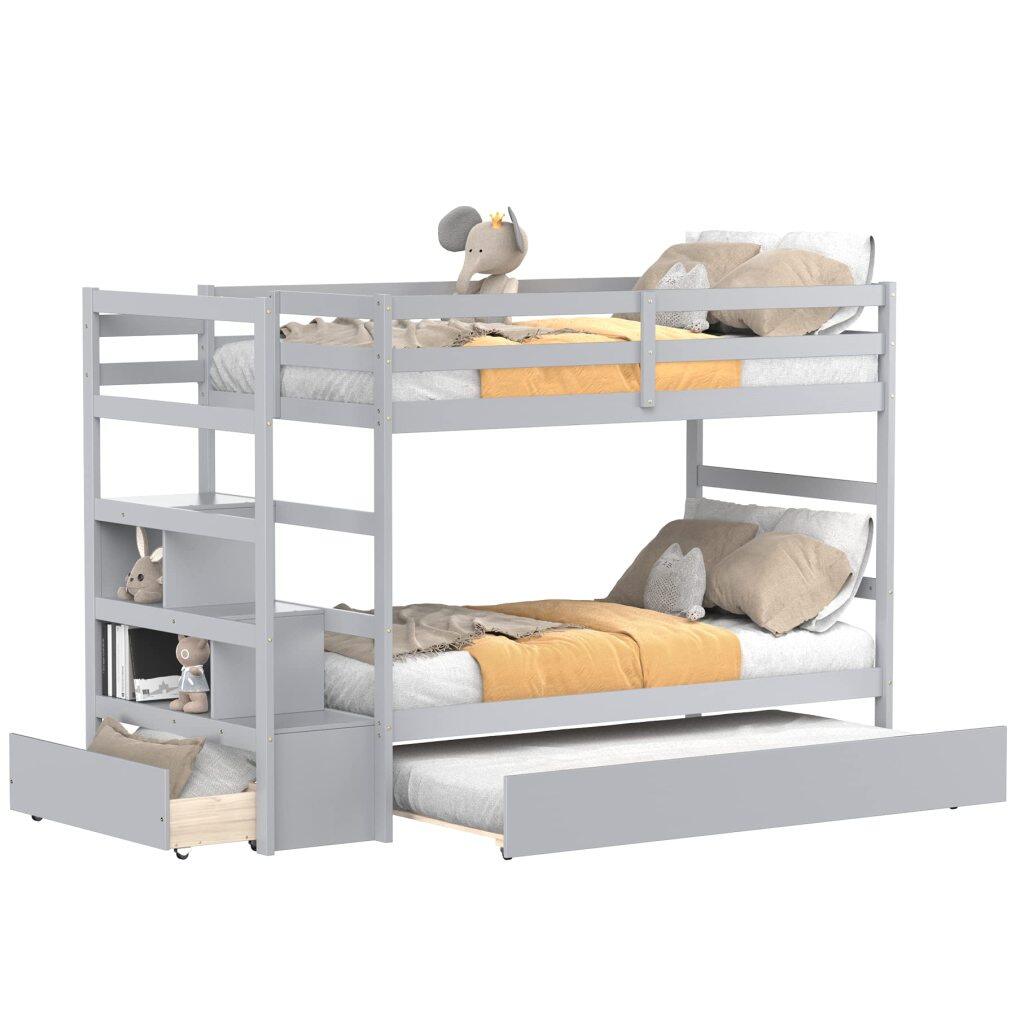 KOMFOTT Twin Over Twin Bunk Bed with Trundle & Staircase, Wooden Bunk Bed Frame with Storage Shelves & Drawer