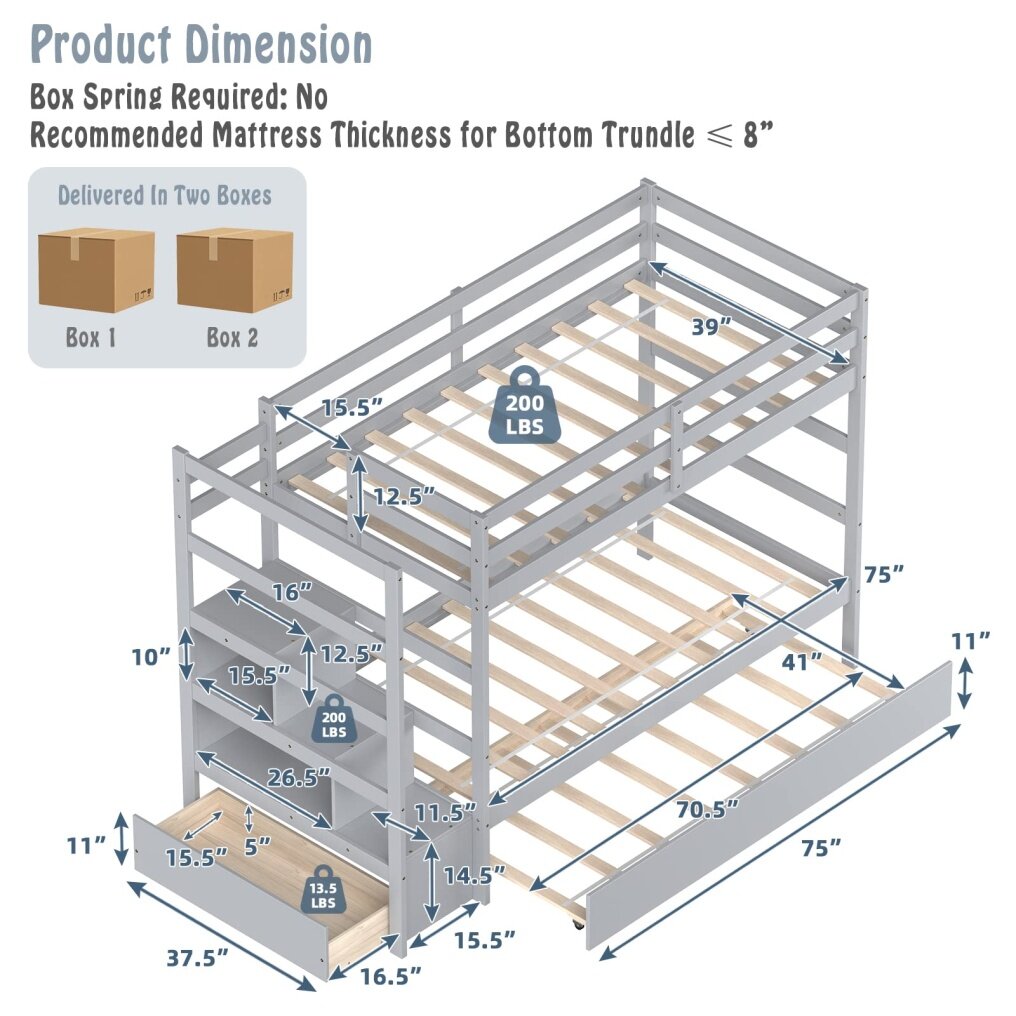 KOMFOTT Twin Over Twin Bunk Bed with Trundle & Staircase, Wooden Bunk Bed Frame with Storage Shelves & Drawer