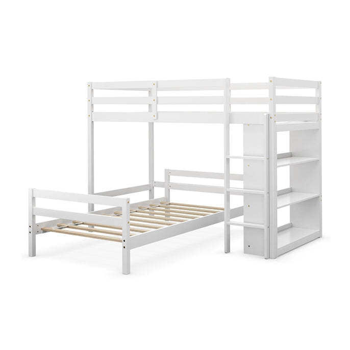 KOMFOTT Bunk Bed Twin Over Twin, Convertible Wooden Loft Bed Frame with 3-Tier Bookcase
