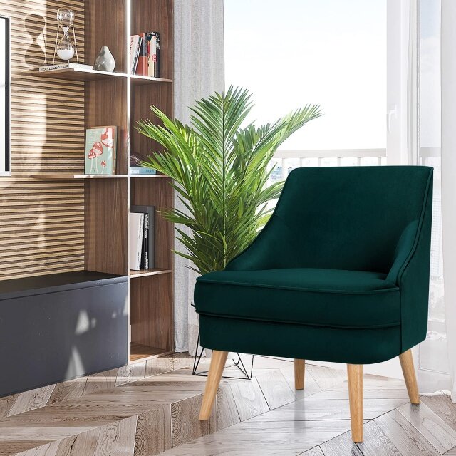 Velvet Accent Chair, Mid Century Single Sofa Chair w/Rubber Wood Legs, Comfy Slipper Chair
