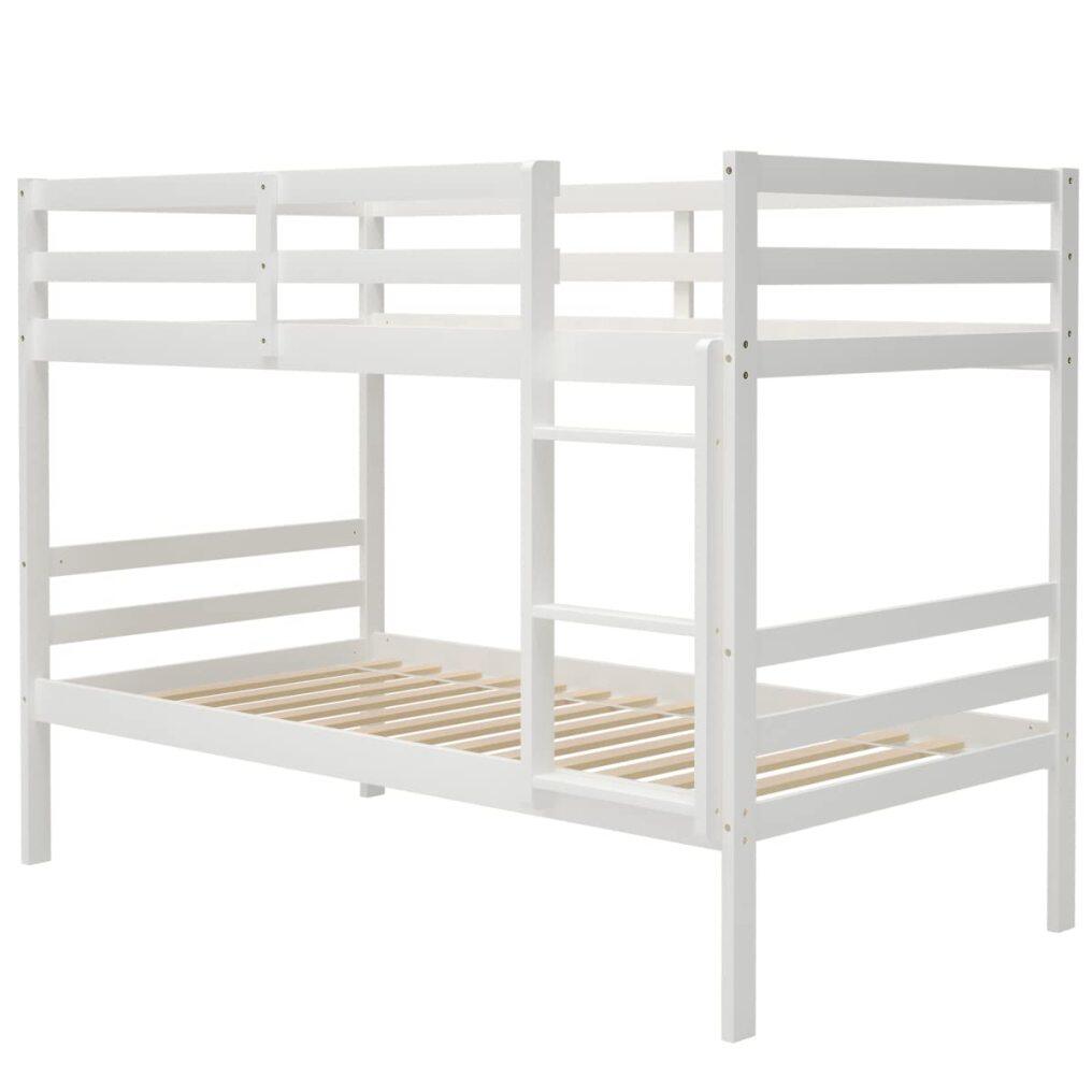 KOMFOTT Wooden Bunk Bed Twin Over Twin, Bunk Bed with Ladder & Safety Guardrail, Solid Wood Bed Frame