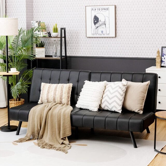 Faux Leather Guest Sofa Bed with Adjustable Backrest Design for Compact Space