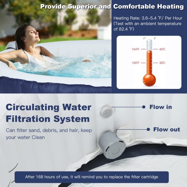 Komfott Hot Tub, 71” x 27” 4 Person Inflatable Hot Tub with 108 Bubble Jets, Air Pump, Filter Cartridge & Cover, Portable Outdoor Blow Up Spa