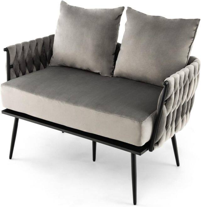 KOMFOTT 43” Loveseat Sofa, Modern Upholstered 2-Seat Sofa with 2 Back Pillows, Woven Backrest & Armrest
