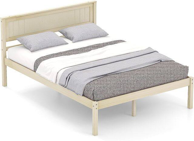 KOMFOTT Wood Platform Bed Frame with Headboard, Solid Wood Bed Frame with Slat Support