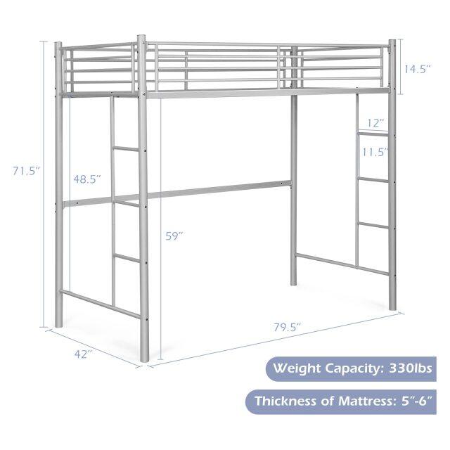 KOMFOTT Metal Loft Bed Frame Twin Size, Heavy-duty Steel Slats Support Loft Bed with Both Side Ladders & Guardrails