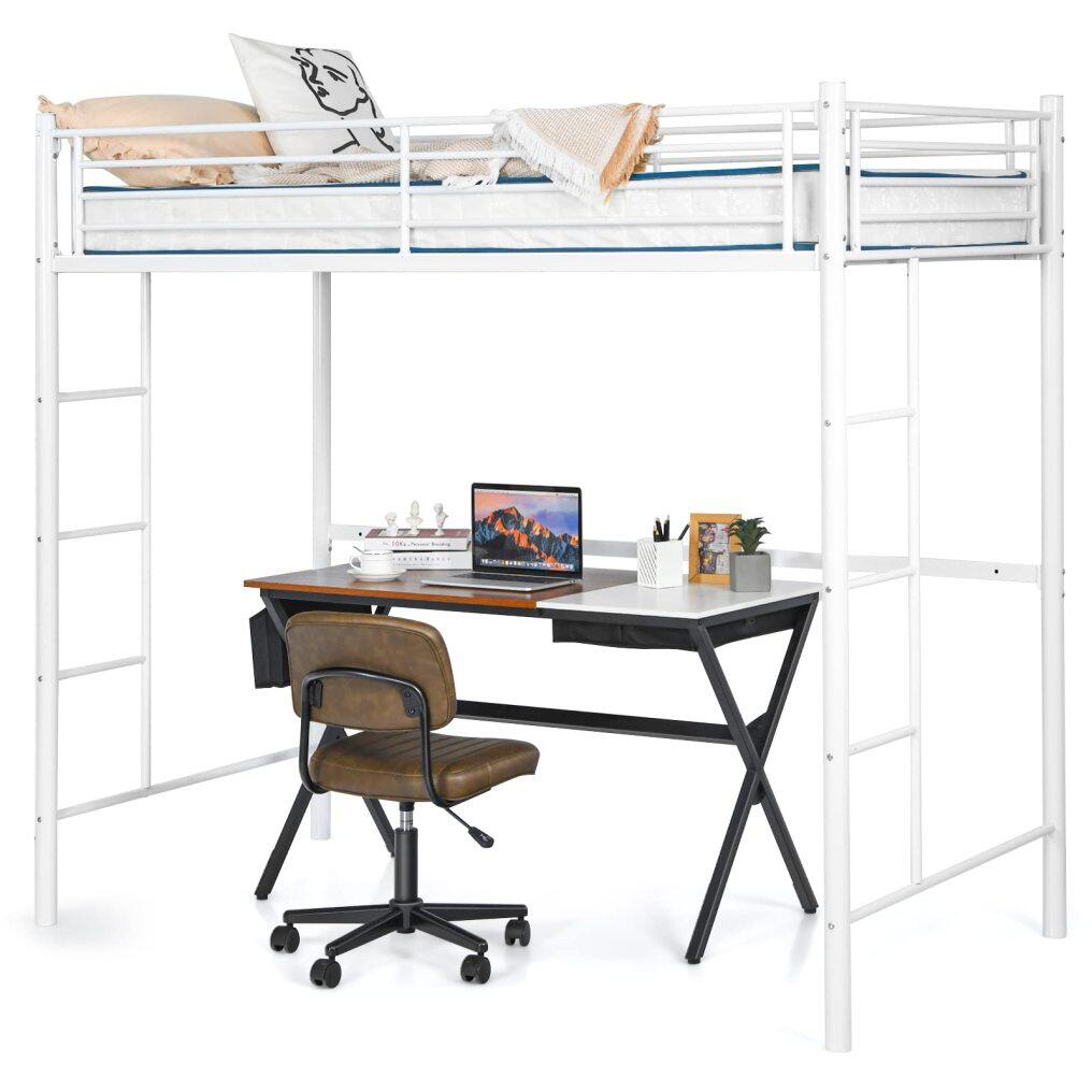 KOMFOTT Metal Loft Bed Frame Twin Size, Heavy-duty Steel Slats Support Loft Bed with Both Side Ladders & Guardrails
