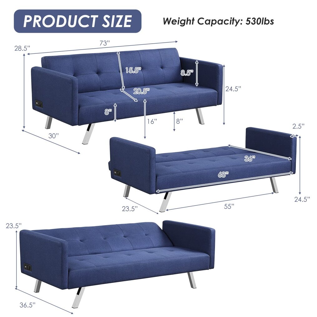 Modern 3 Seat Convertible Futon Sofa Bed with USB and Power Strip