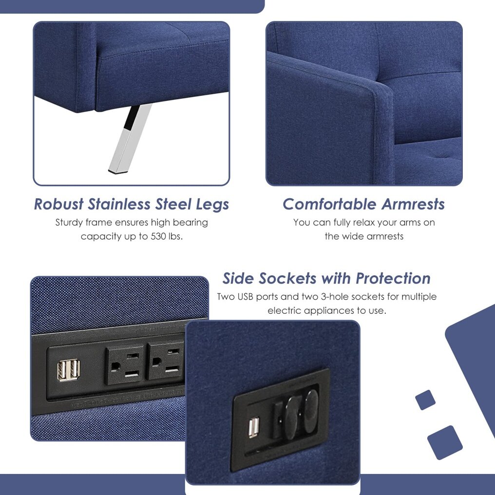 Modern 3 Seat Convertible Futon Sofa Bed with USB and Power Strip