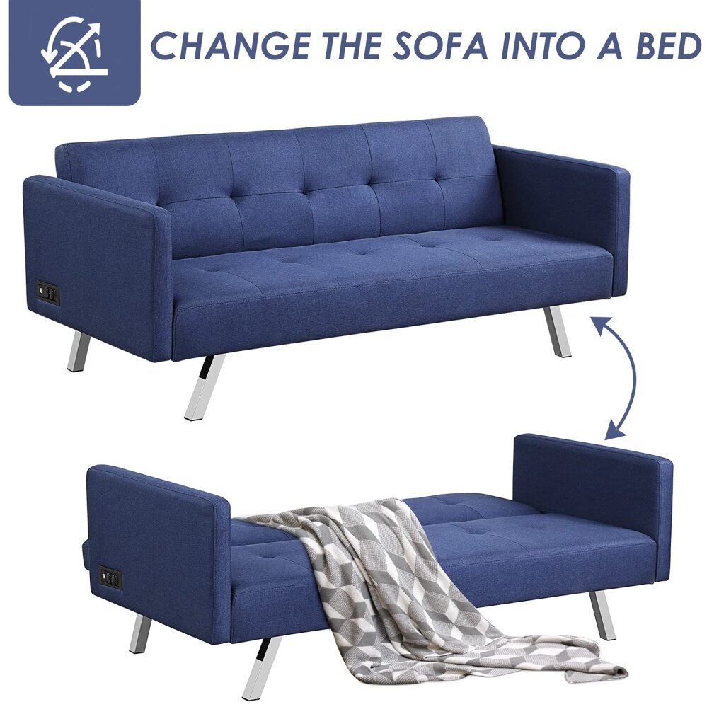 Modern 3 Seat Convertible Futon Sofa Bed with USB and Power Strip
