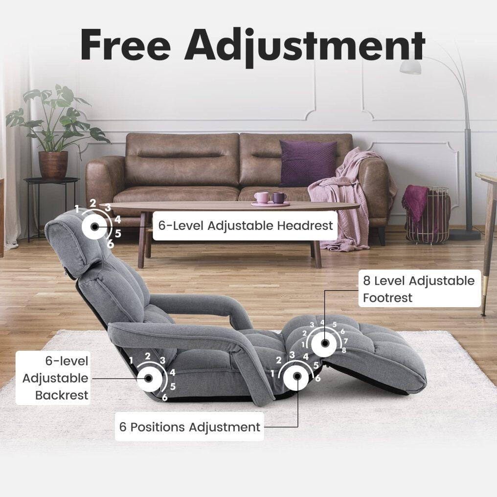 KOMFOTT Foldable Lazy Sofa, Indoor Chaise Lounger Sofa with 6 Adjustable Positions, Gray