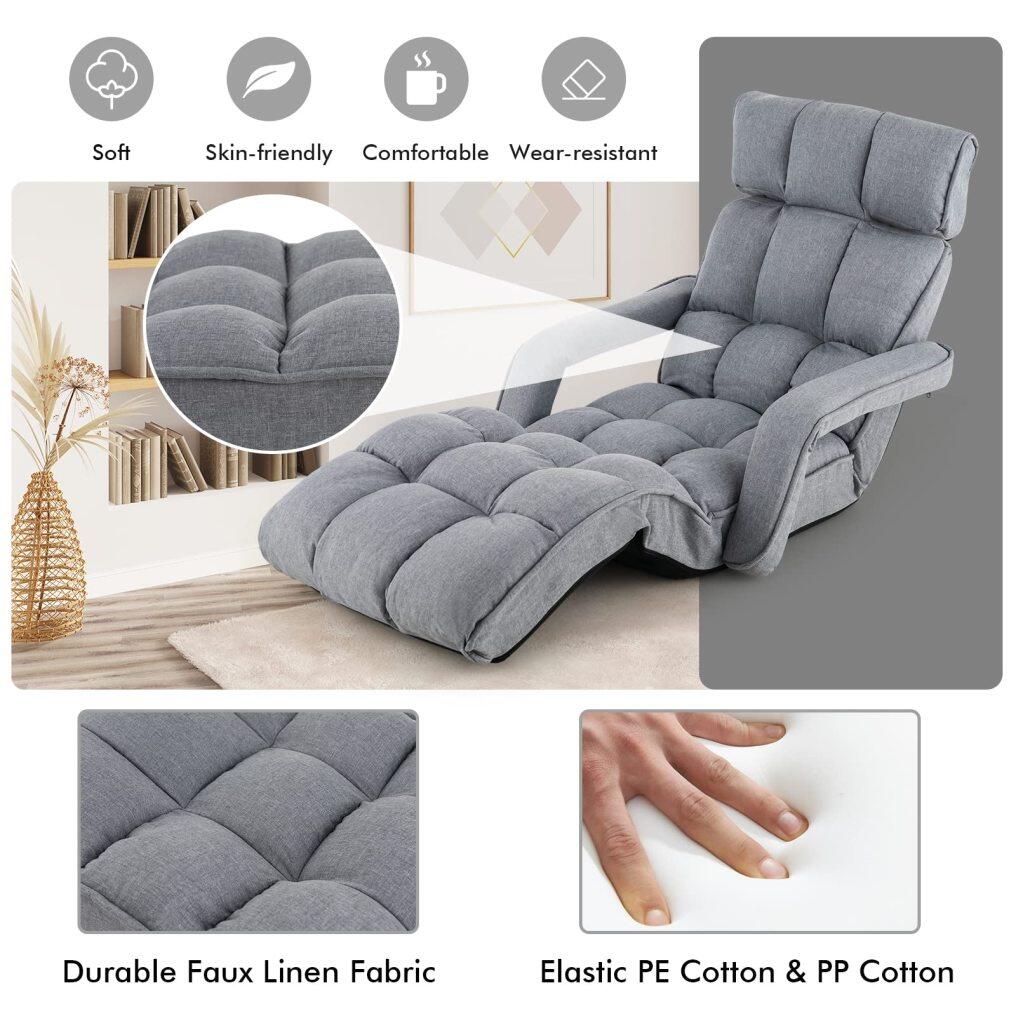 KOMFOTT Foldable Lazy Sofa, Indoor Chaise Lounger Sofa with 6 Adjustable Positions, Gray