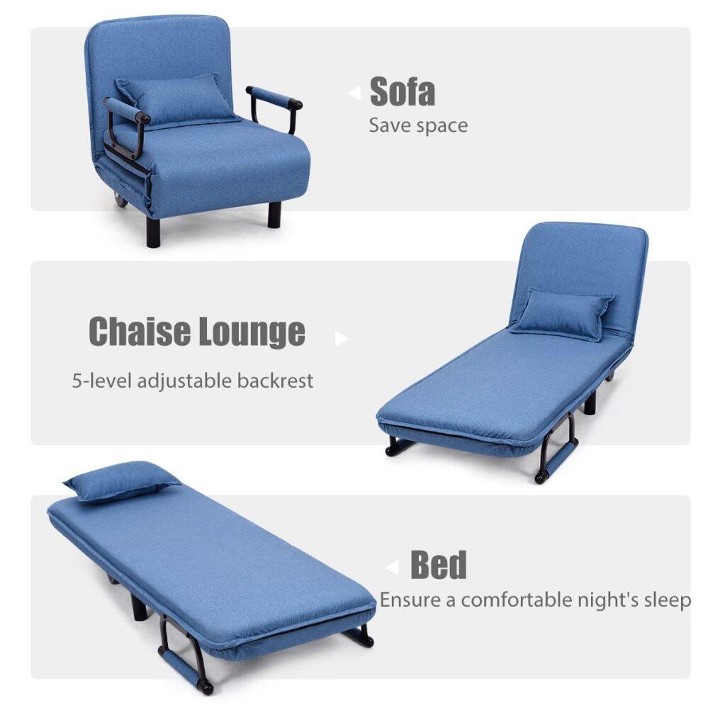 KOMFOTT Convertible Chair Bed, Tri-Fold Sofa Bed with 5-Position Adjustable Backrest & Pillow