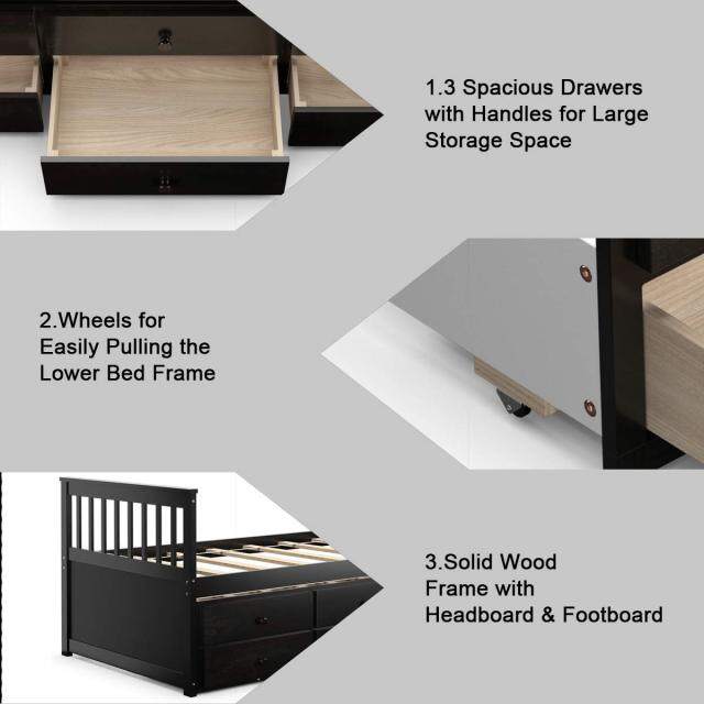 KOMFOTT Wooden Captain Bed Twin Size with Drawers and Trundle Bed