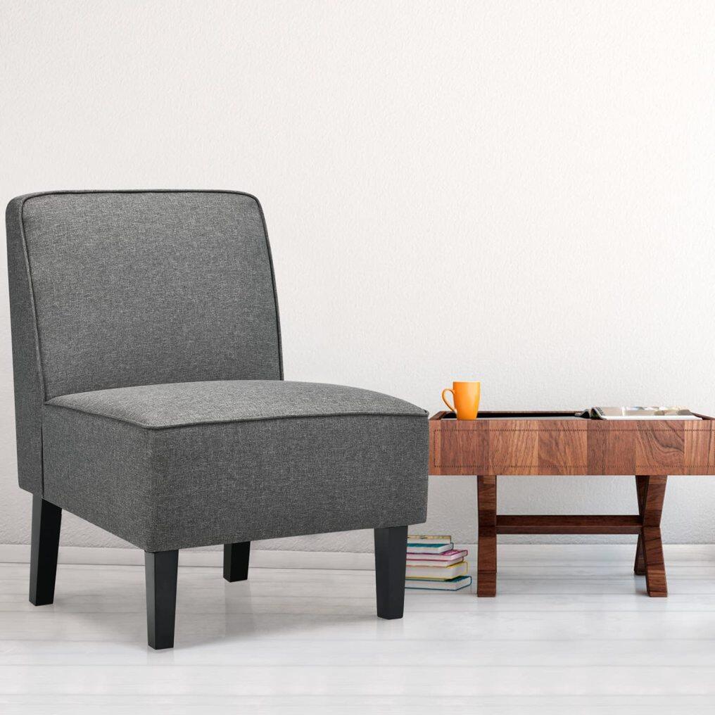 Thick Armless Accent Chair, Solid Wood Legs, 9" Thick Sponge Cushion, Max Load 330 lbs, Grey