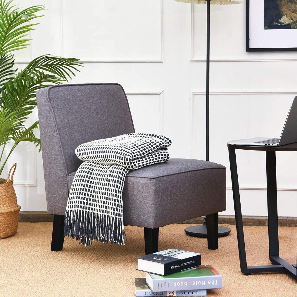 Thick Armless Accent Chair, Solid Wood Legs, 9" Thick Sponge Cushion, Max Load 330 lbs, Grey