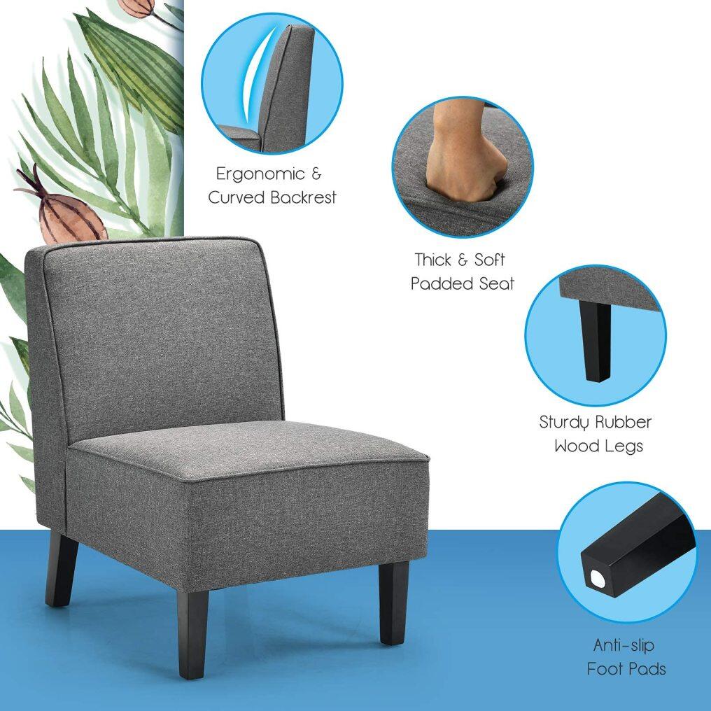 Thick Armless Accent Chair, Solid Wood Legs, 9" Thick Sponge Cushion, Max Load 330 lbs, Grey