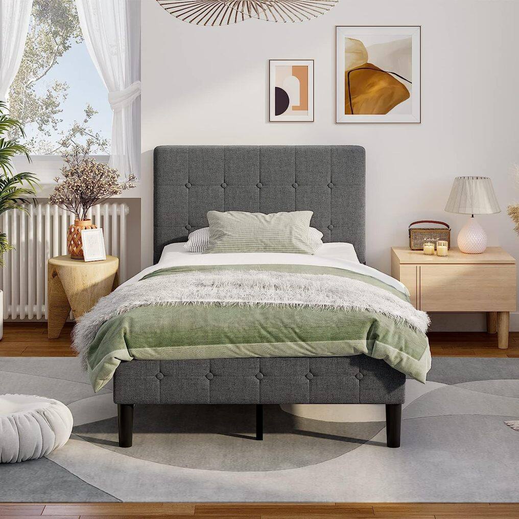 KOMFOTT Twin Size Upholstered Bed Frame, Modern Mattress Foundation with Solid Wood Slats Support