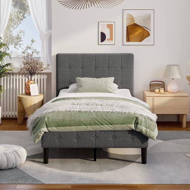 KOMFOTT Twin Size Upholstered Bed Frame, Modern Mattress Foundation with Solid Wood Slats Support