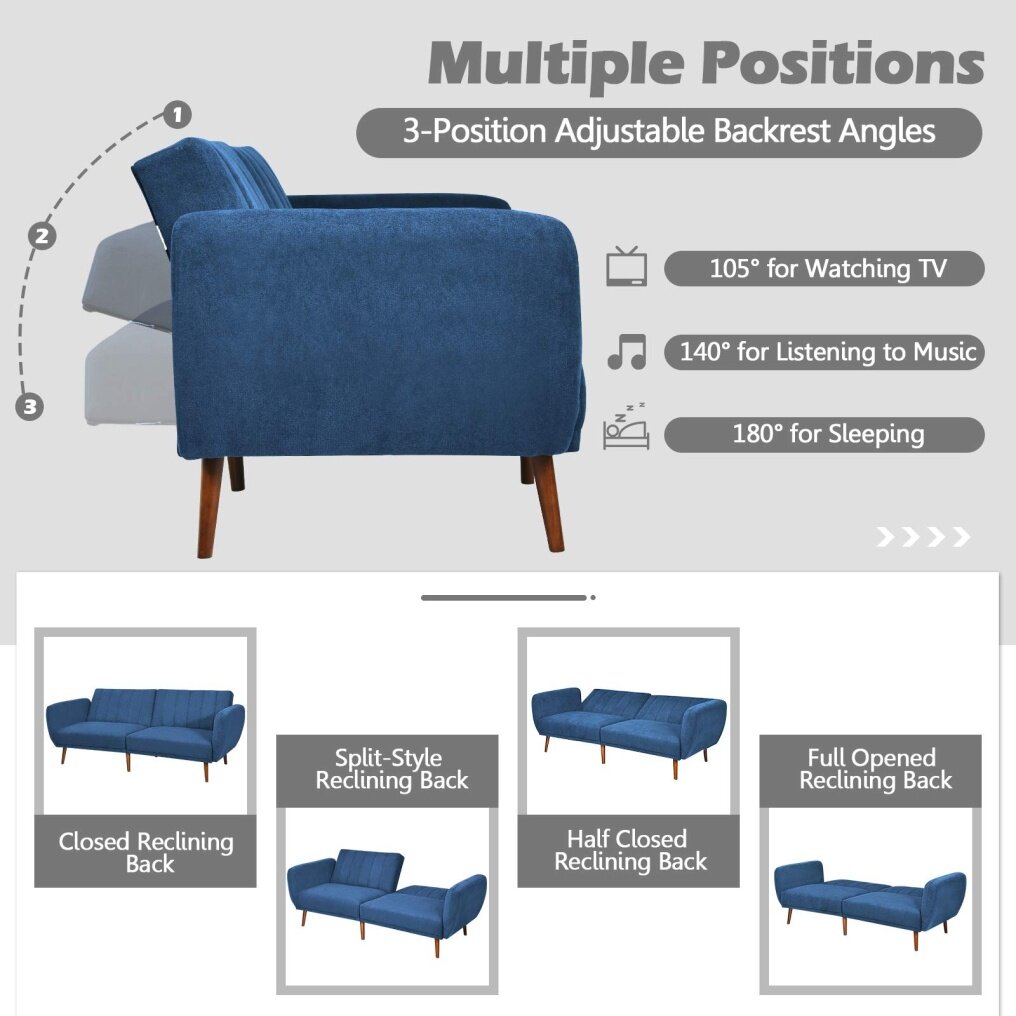 3-Level Angle Adjustable Foldable Futon Sofa Bed with Pillow  for Compact Living Room