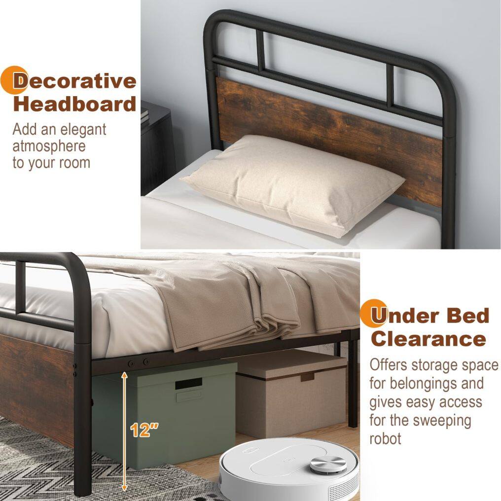 KOMFOTT Twin Size Metal Bed Frame, Industrial Platform Bed with Wood Headboard and Footboard, Rustic Brown