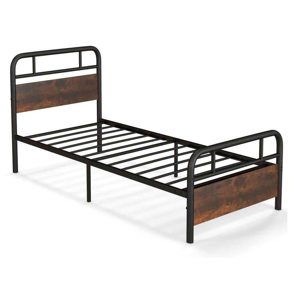 KOMFOTT Twin Size Metal Bed Frame, Industrial Platform Bed with Wood Headboard and Footboard, Rustic Brown