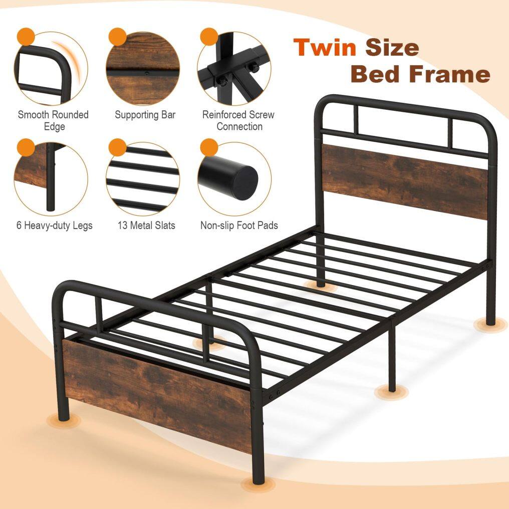 KOMFOTT Twin Size Metal Bed Frame, Industrial Platform Bed with Wood Headboard and Footboard, Rustic Brown