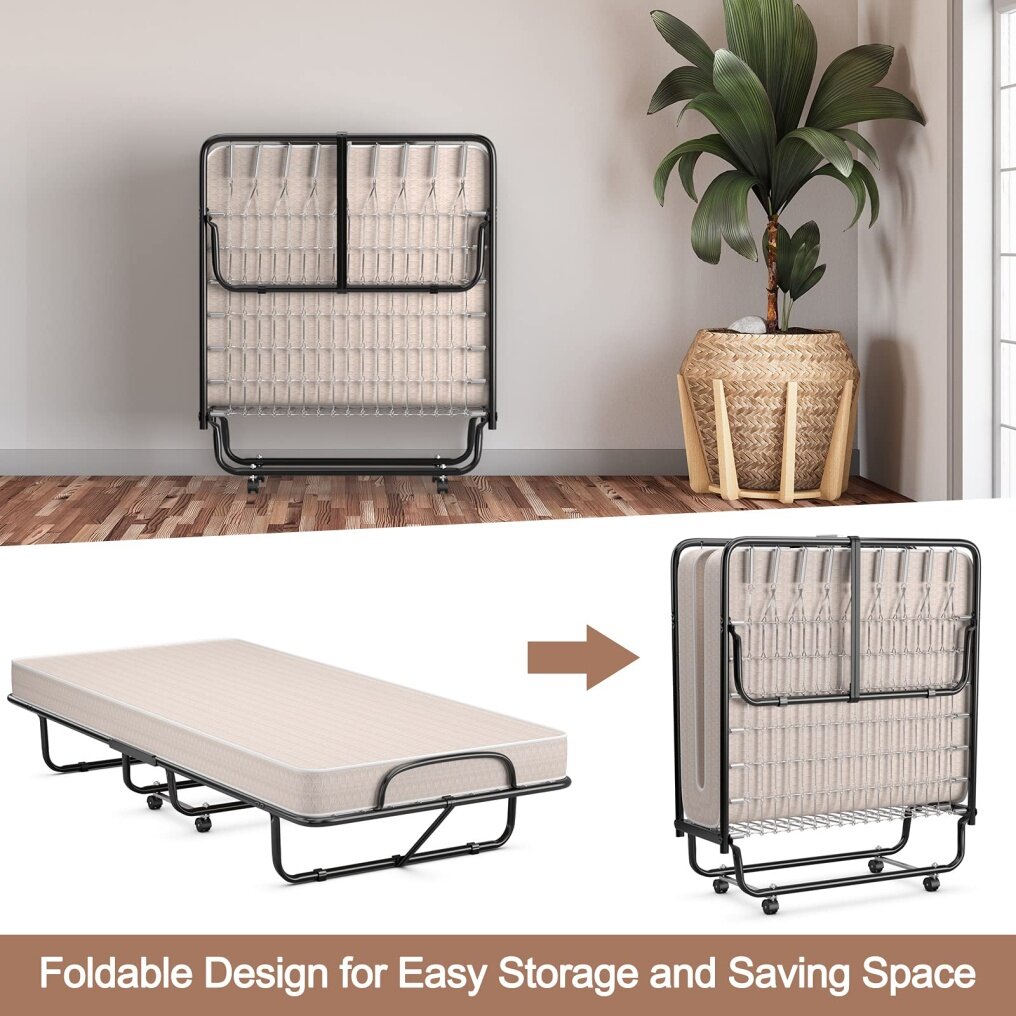 Folding Guest Bed with Mattress,  Twin Size  Portable Rollaway Bed 5-Inch Memory Foam Mattress