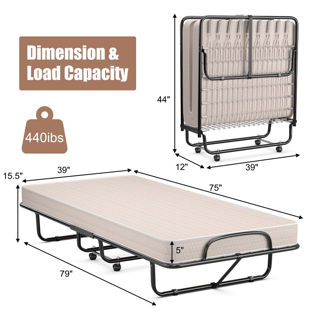 Folding Guest Bed with Mattress,  Twin Size  Portable Rollaway Bed 5-Inch Memory Foam Mattress