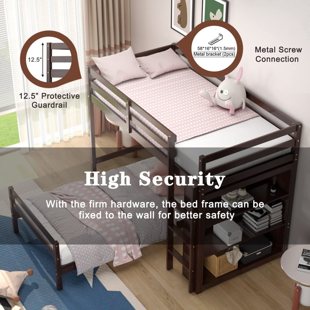 KOMFOTT Bunk Bed Twin Over Twin, Convertible Wooden Loft Bed Frame with 3-Tier Bookcase