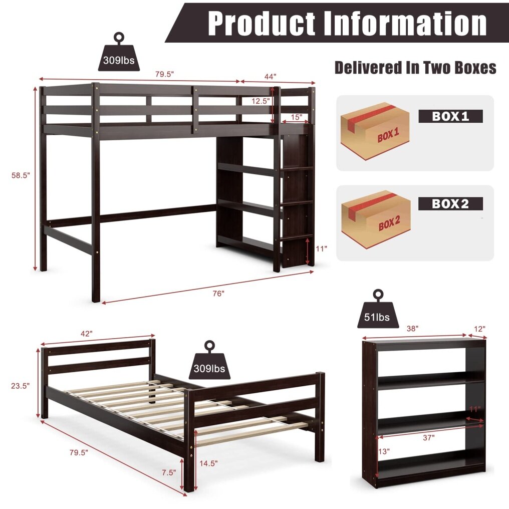 KOMFOTT Bunk Bed Twin Over Twin, Convertible Wooden Loft Bed Frame with 3-Tier Bookcase