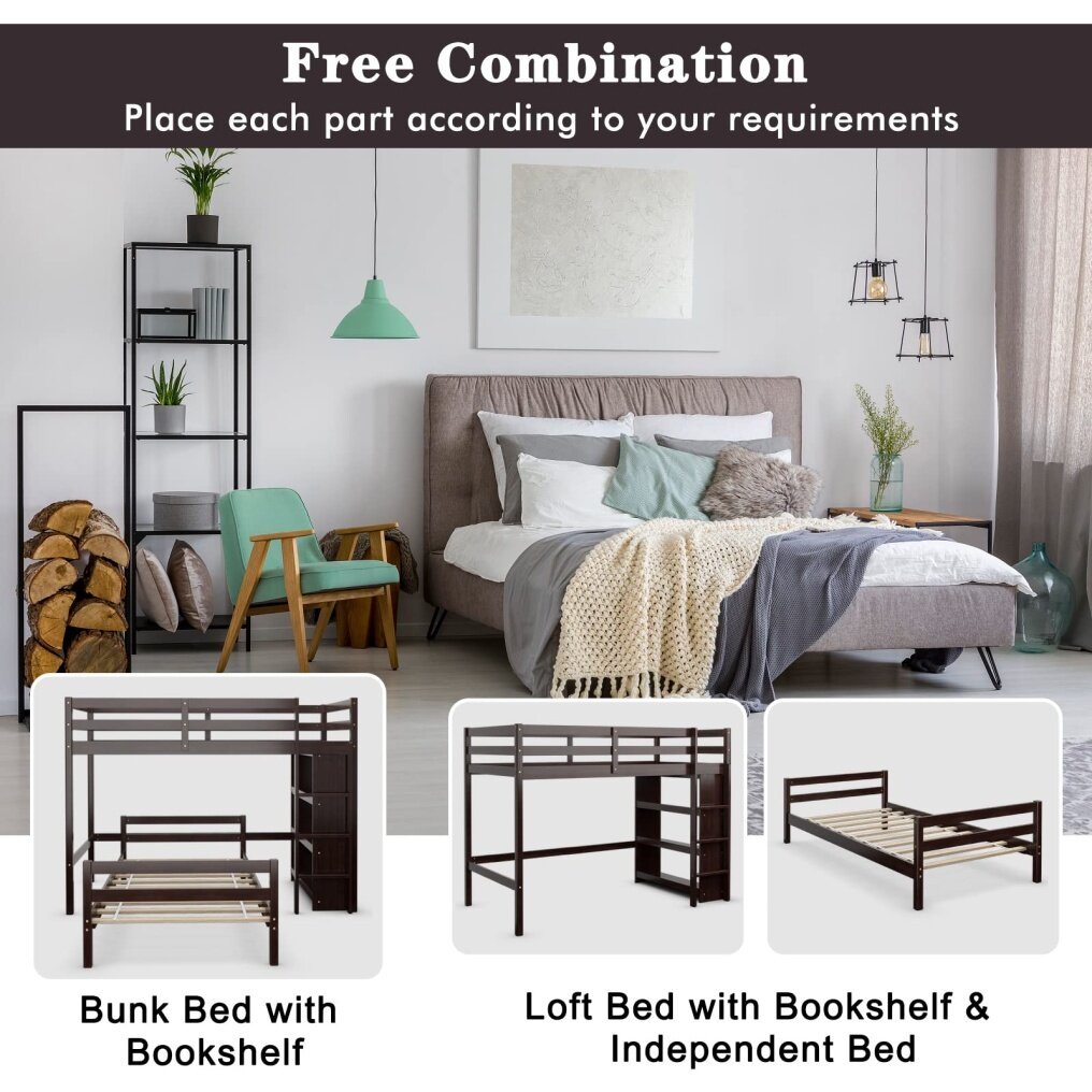 KOMFOTT Bunk Bed Twin Over Twin, Convertible Wooden Loft Bed Frame with 3-Tier Bookcase