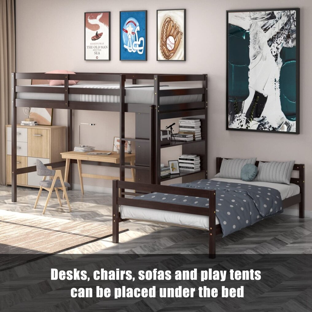 KOMFOTT Bunk Bed Twin Over Twin, Convertible Wooden Loft Bed Frame with 3-Tier Bookcase