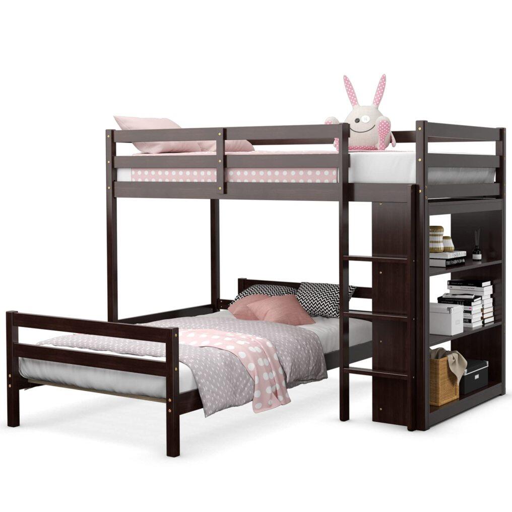 KOMFOTT Bunk Bed Twin Over Twin, Convertible Wooden Loft Bed Frame with 3-Tier Bookcase