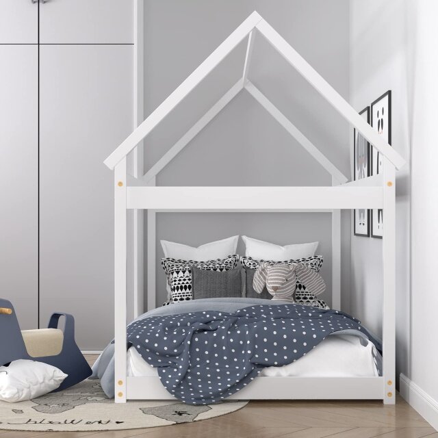 KOMFOTT Twin House Bed Frame for Kids, Solid Wood Kids Platform Floor Bed with Roof & Multiple Slats