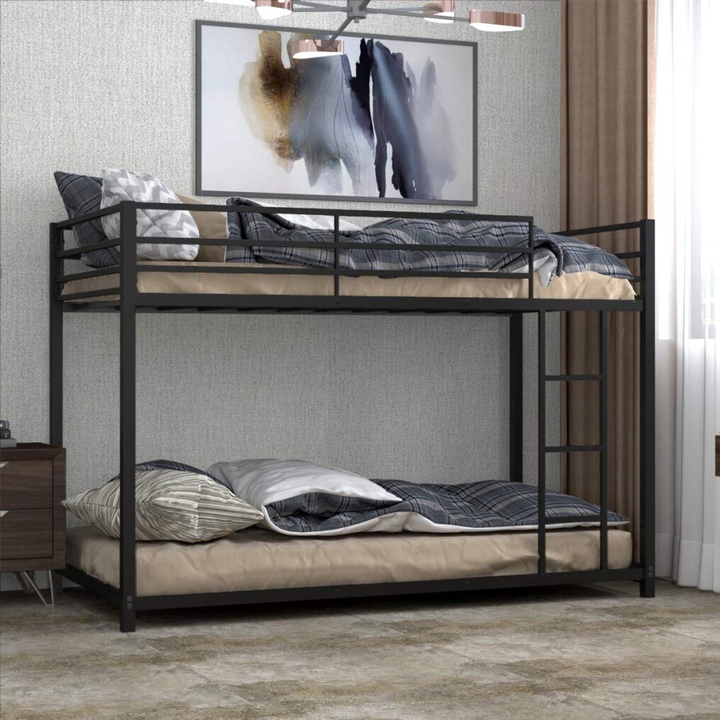 Metal Bunk Bed Twin Over Twin, Classic Bunk Bed Frame with Safety Guard Rails & Side Ladder